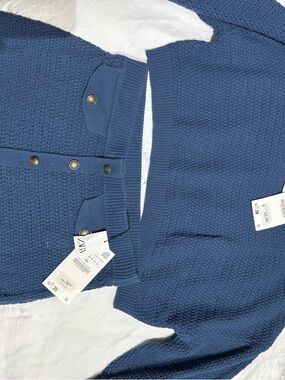 Zara Slate Blue Waffle Knit Cardigan with Brass Buttons